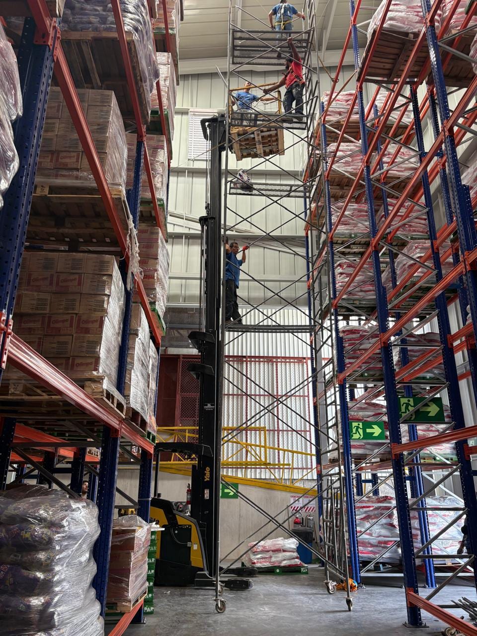 Iluminación Industrial en Bodega — Luminarias High Bay instaladas en altura con andamiaje certificado